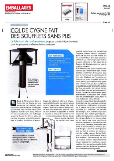 Col de cygne fait des soufflets sans plis- Emballages Magazine Novembre 2012.